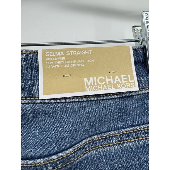 Michael Kors Selma Straight Blue Jeans Denim Gold Logo High Rise Slim Size 2 NWT - Picture 9 of 16
